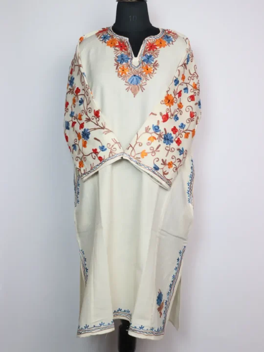 Haniya White Pheran with Sleeve Jaal Aari Work in Cashmilon Wool