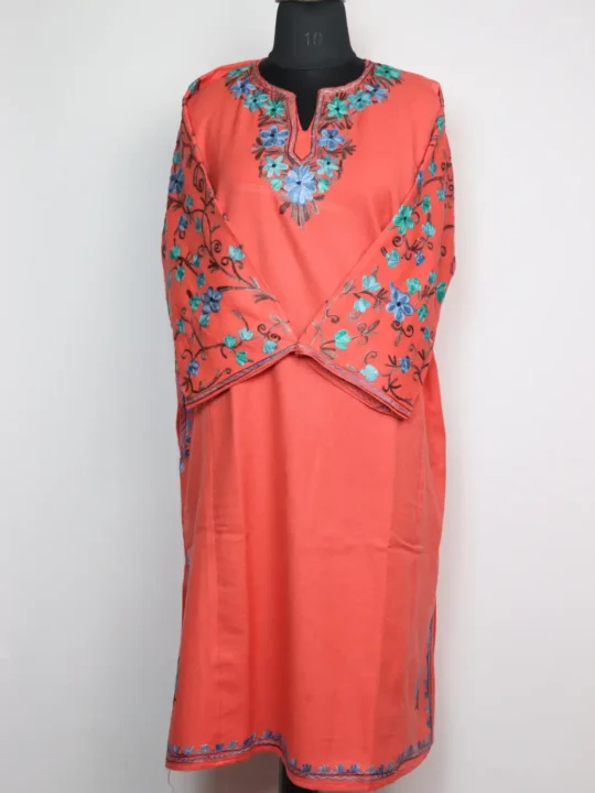 Punch Pink Pheran with Sleeve Jaal Aari Work in Cashmilon Wool Sameena
