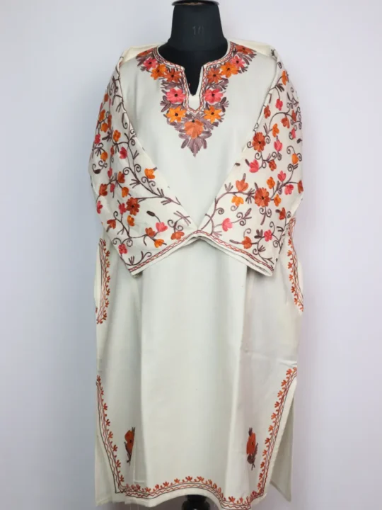 Woolen Pheran in White Cashmilon Jannat with Sleeve Jaal Aari Embroidery