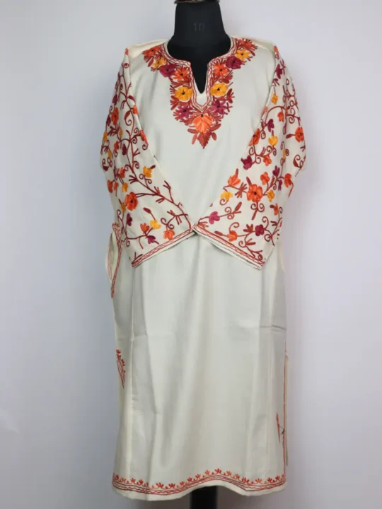 White Pheran Hasina in Cashmilon Wool with Sleeve Jaal Aari Embroidery