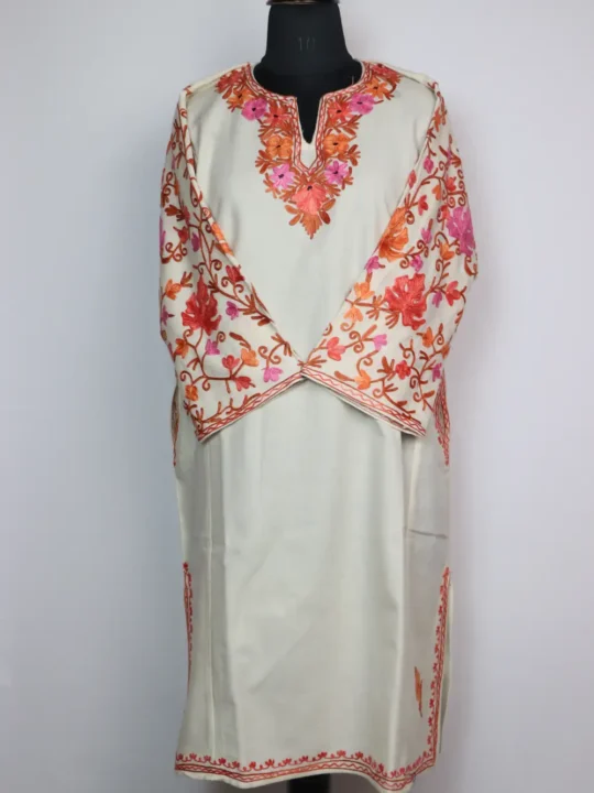 Jamila White Pheran in Cashmilon Wool with Sleeve Jaal Aari Work