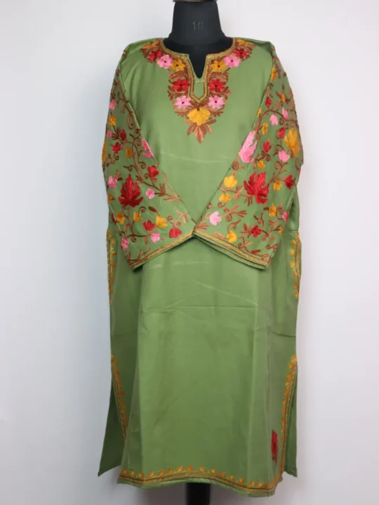 Light Green Loose Pheran with Sleeve Jaal Aari Work in Cashmilon Wool Urwa