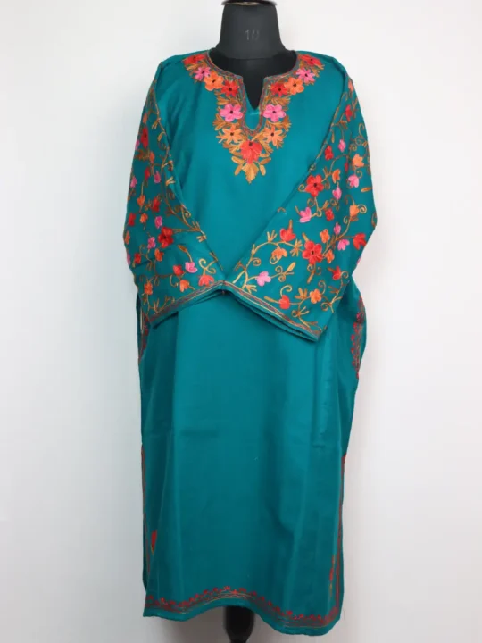 Embroidered Teal Green Pheran Dania with Sleeve Jaal Aari in Cashmilon Wool