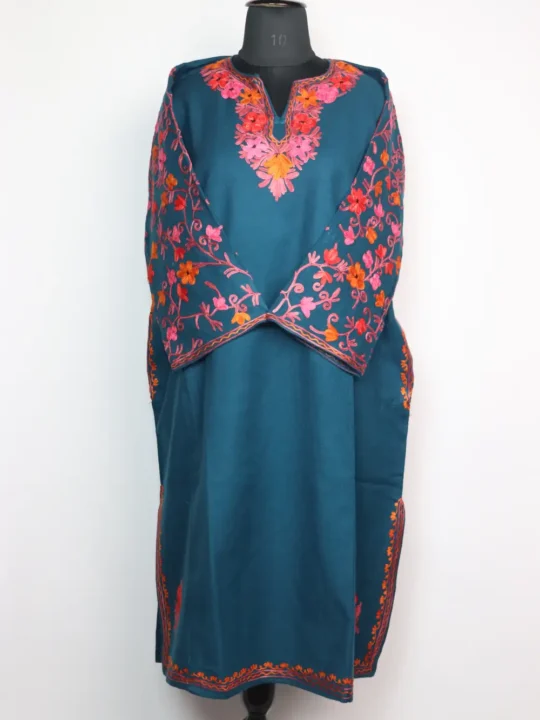 Nazakat Blue Pheran in Cashmilon Wool with Sleeve Jaal Aari Embroidery