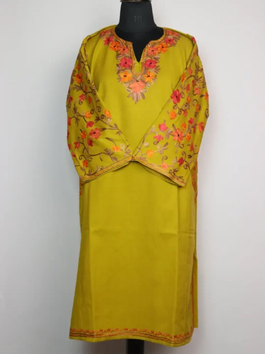 Pear Green Pheran Maya in Cashmilon Wool with Sleeve Jaal Aari Work