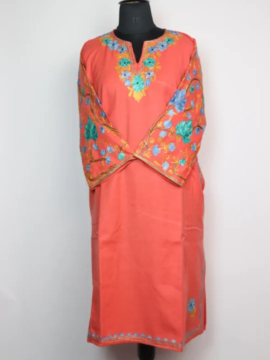 Haniya Pink Pheran with Sleeve Jaal Aari Work in Cashmilon Wool