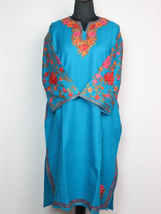 Ferozi Pheran Maha in Cashmilon Wool with Sleeve Jaal Aari Embroidery