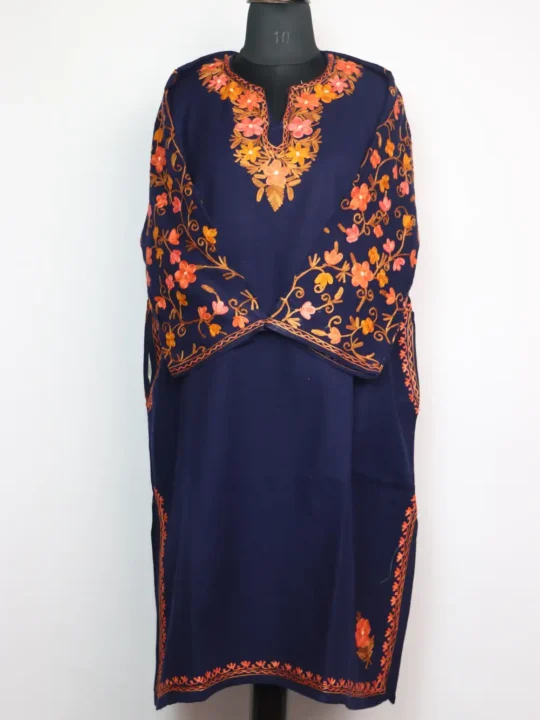 Midnight Blue Pheran in Cashmilon Wool with Sleeve Jaal Aari Work Liana
