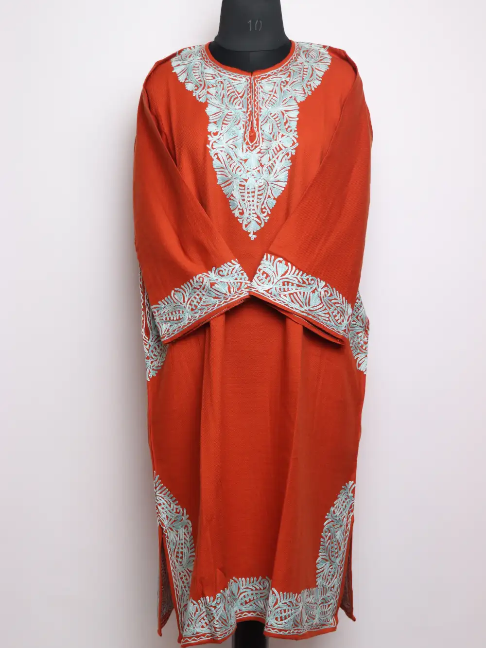 Rust Cashmilon Wool Pheran with Laila Aari Embroidery