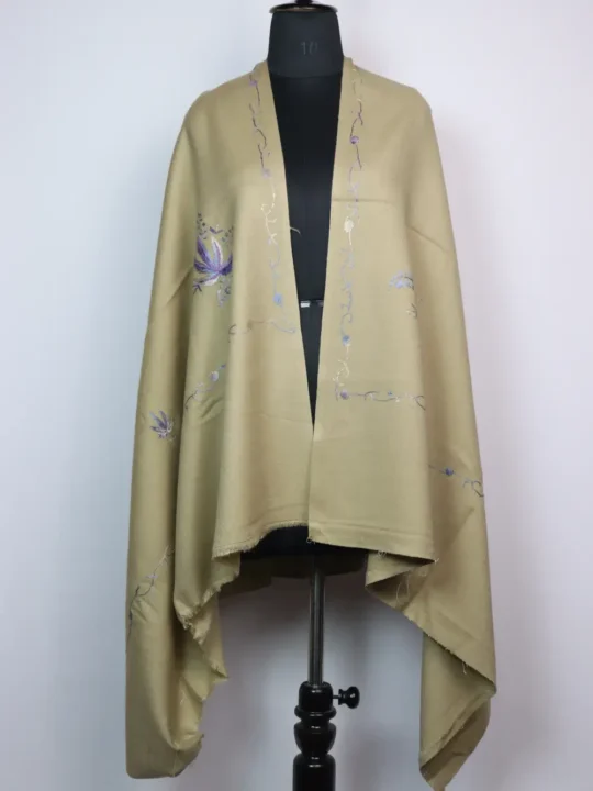 Beige Cashmilon Wool Zarlish Shawl with Hand Sozni Embroidery