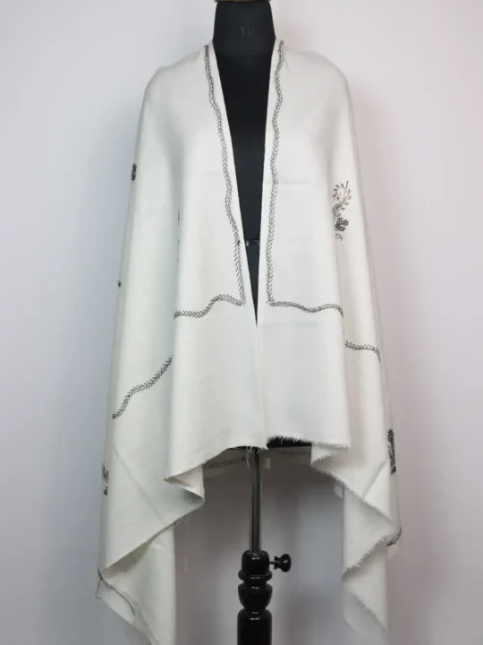 Cashmilon Wool Sadgi White Shawl with Hand Sozni Embroidery