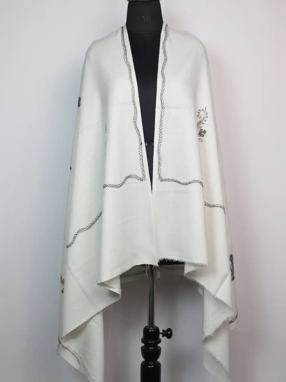 Cashmilon Wool Sadgi White Shawl with Hand Sozni Embroidery