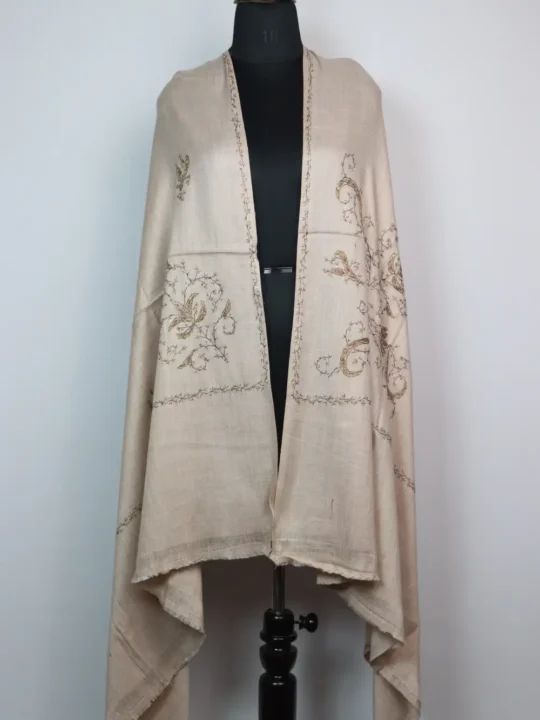Beige Cashmilon Wool Shawl with Hand Sozni Embroidery Aaraish