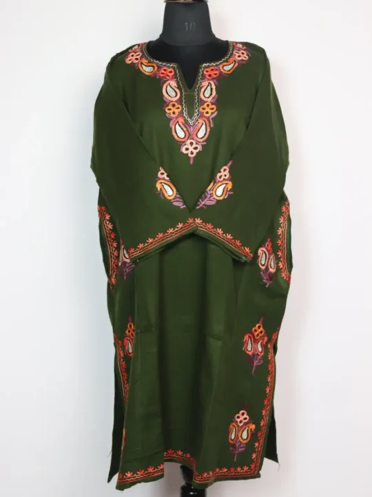 Forst Green Pheran with Designer Bootis Aari and Zari Embroidery in Cashmilon Wool Amira