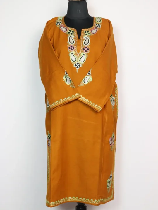 Woolen Mustard Pheran Huda with Designer Bootis Aari and Zari Embroidery in Cashmilon