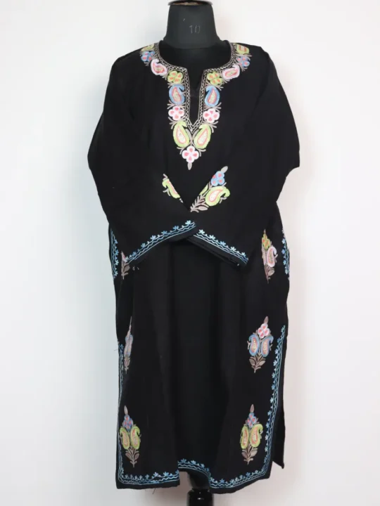 Black Woolen Pheran Laila in Cashmilon with Designer Bootis Aari and Zari Work