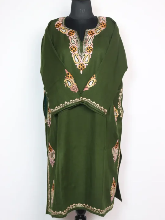 Dark Green Woolen Pheran in Cashmilon with Designer Bootis Aari and Zari Work Nadia
