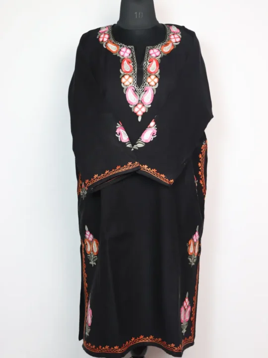 Mysha Black Pheran with Designer Bootis Aari and Zari Work in Cashmilon Wool