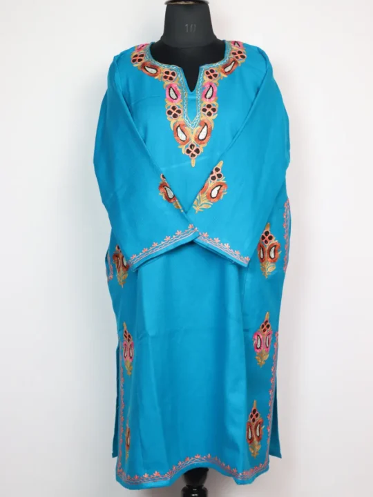 Ferozi Pheran with Designer Bootis Aari and Zari Work in Cashmilon Wool Mawiya