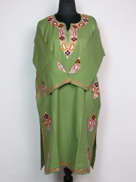 Pastel Green Pheran in Cashmilon Wool with Designer Bootis Aari and Zari Work Alina