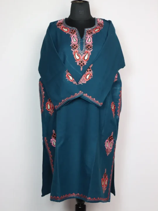 Embroidered Teal Blue Pheran Najma with Designer Bootis Aari and Zari in Cashmilon Wool