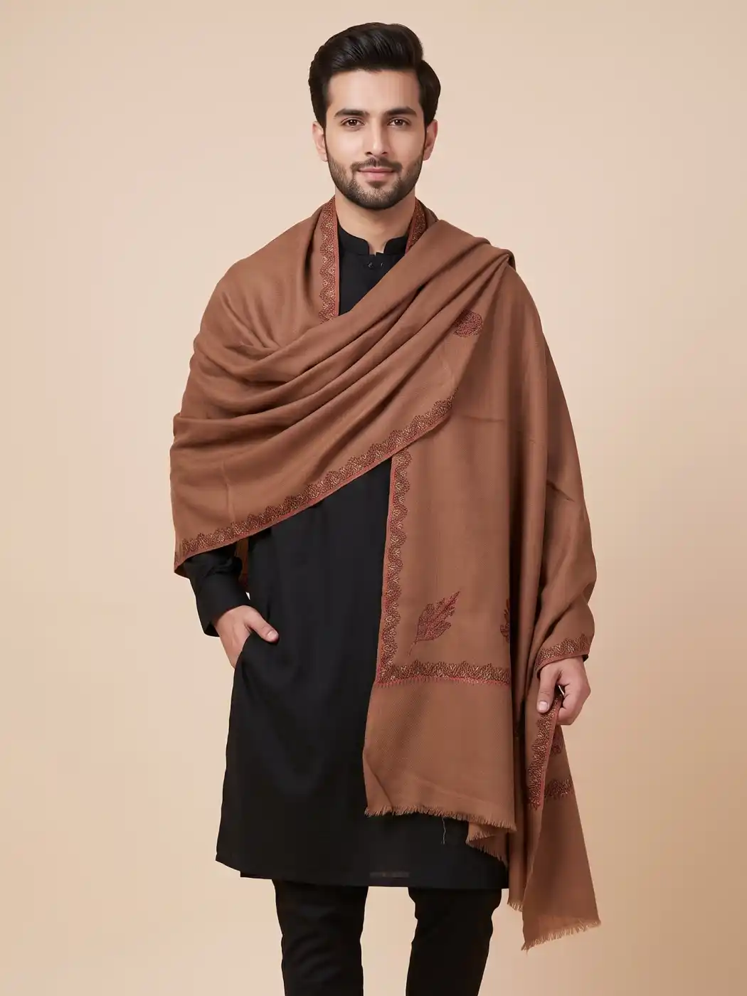 Hayat Rust Brown Kashmiri Mens Shawl Cashmilon Wool with Hand Sozni Embroidery