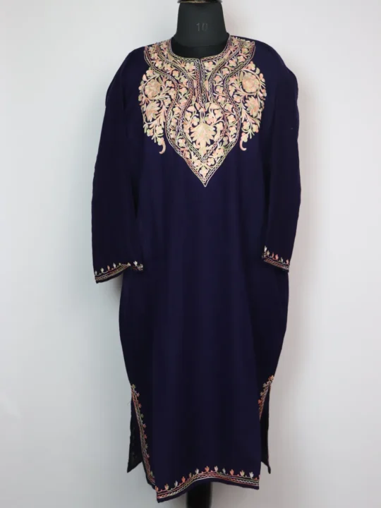 Dark Blue Pheran with Aari Embroidery in Azimah Cashmilon Wool