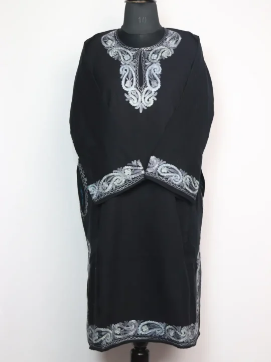Woolen Black Pheran with Aari Embroidery in Cashmilon Haya