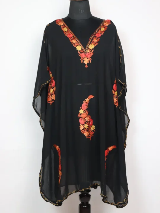 Zahra Black Kashmiri Short Georgette Kaftan with Aari Embroidery