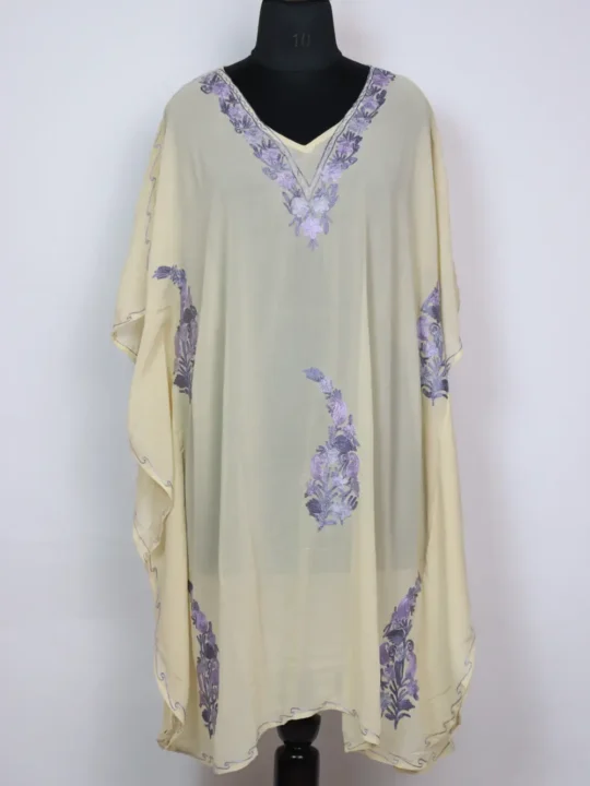 Cream Short Kaftan Kashmiri in Georgette Aaliya with Aari Embroidery