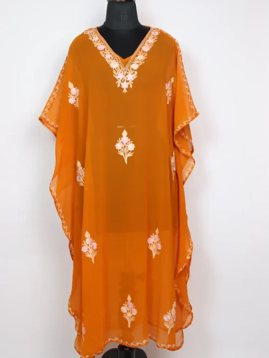 Orange Long Kaftan Kashmiri in Georgette with Aari Work Saima