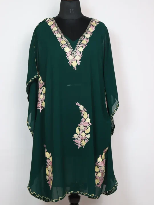 Dark Green Long Kaftan Kashmiri in Georgette with Aari Work Ameenah
