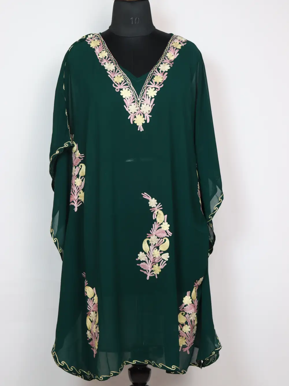 Dark Green Long Kaftan Kashmiri in Georgette with Aari Work Ameenah