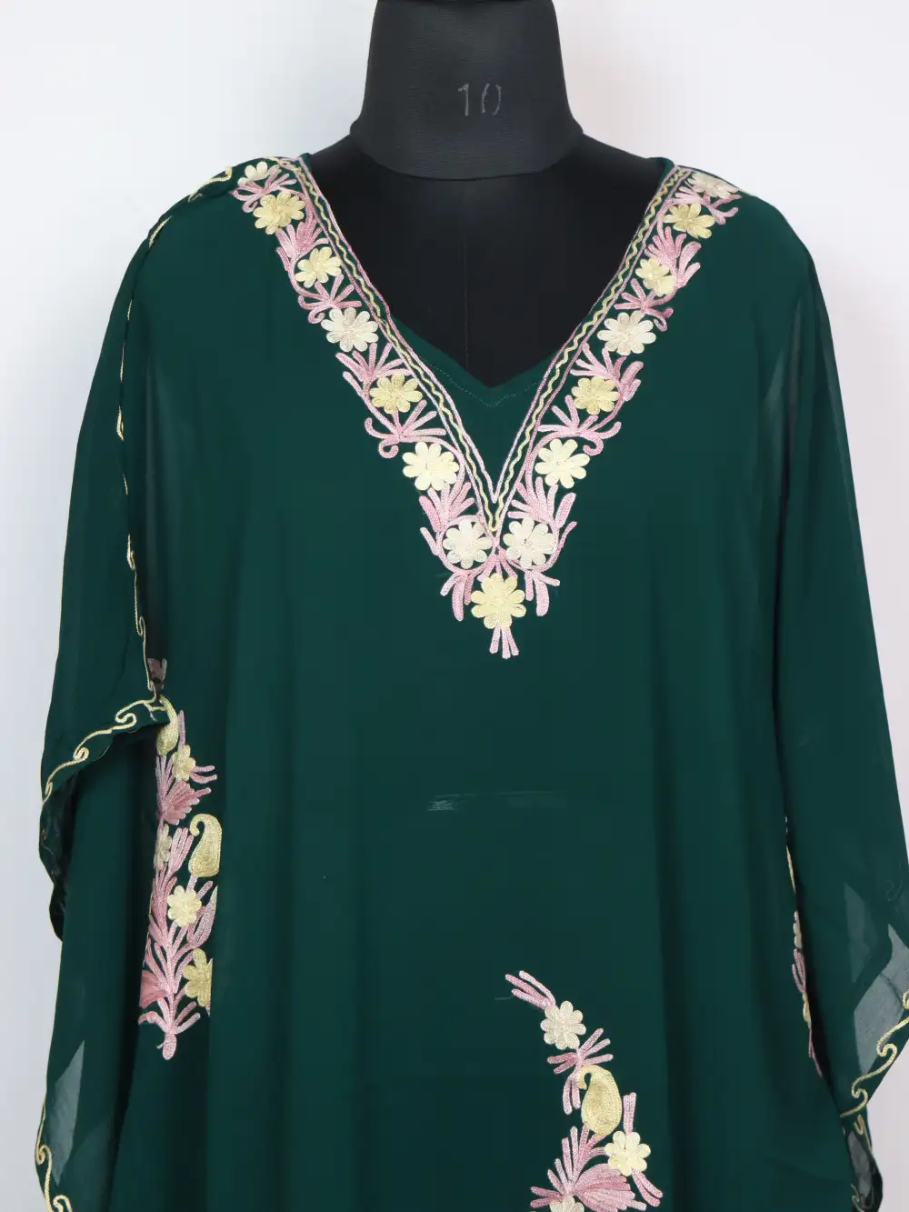 Dark Green Long Kaftan Kashmiri in Georgette with Aari Work Ameenah - Image 2
