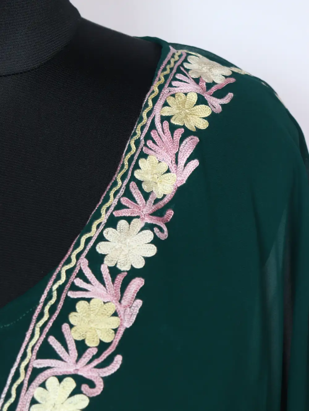 Dark Green Long Kaftan Kashmiri in Georgette with Aari Work Ameenah - Image 3