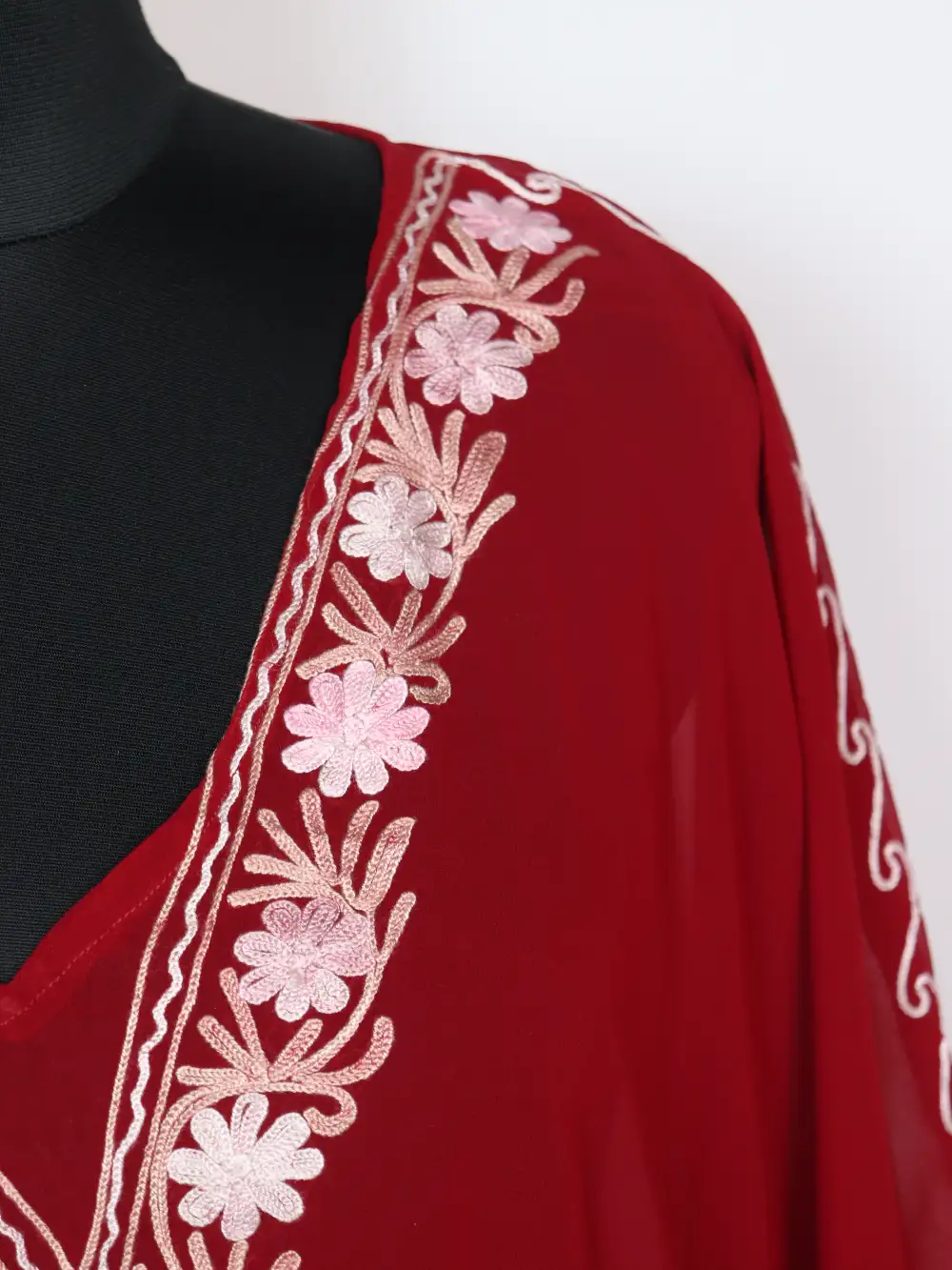 Short Maroon Kaftan Kashmiri in Georgette with Aari Work Haniya - Image 3