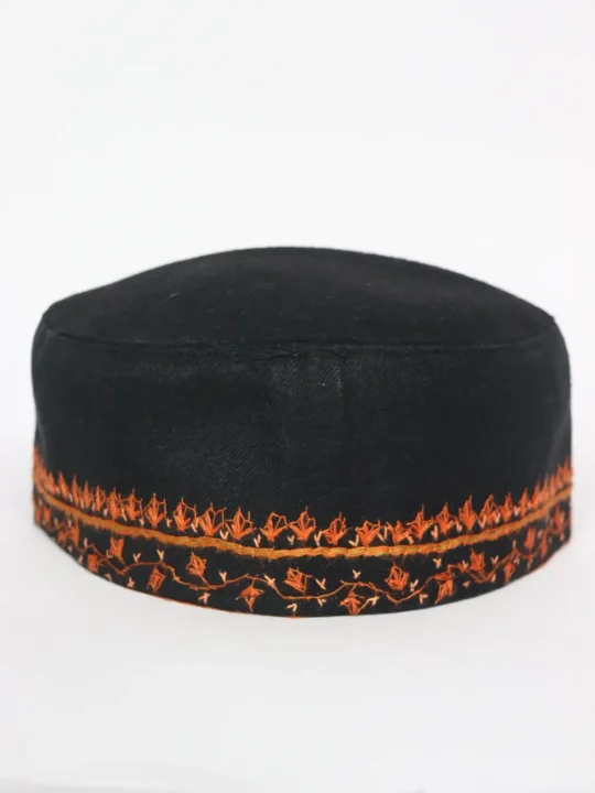 Black Kashmiri Toosha Ruqaya Cap with Hand Sozni Embroidery