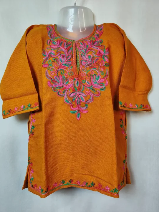 Naaz Cashmilon Wool Kids Mustard Pheran with Aari Work (1-2 years)