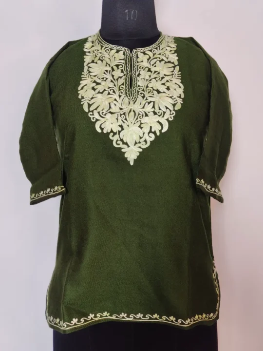 Green Cashmilon Wool Naaz Kids Pheran with Aari Work (5-6years)