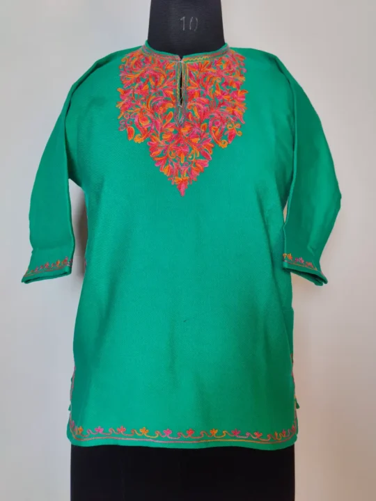 Inaya Spring Green Cashmilon Wool Pheran with Aari Work for Kids (5-6 years)