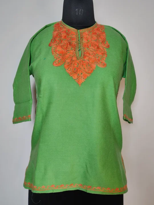 Zarnish Jade Green Cashmilon Wool Pheran with Aari Work for Kids