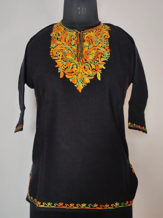 Black Cashmilon Wool Horain Pheran with Aari Work for Kids