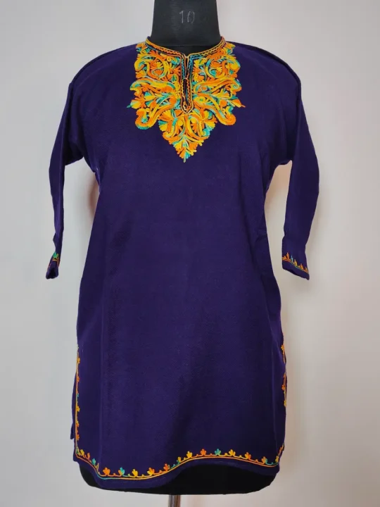 Dark Blue Cashmilon Wool Haya Pheran with Aari Work for Girls (8-9 years)