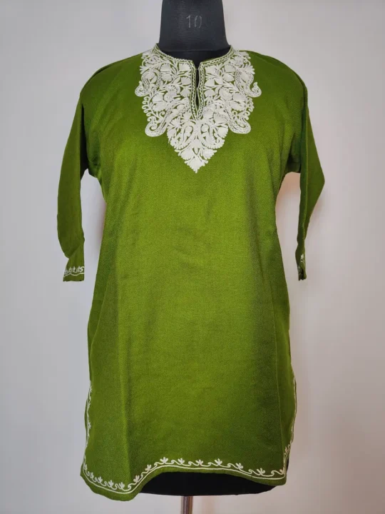 Green Cashmilon Wool Mehnaz Girls Pheran with Aari Work (7-8years)