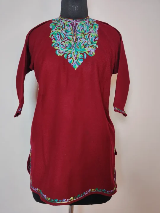 Maroon Cashmilon Wool Aamirah Girls Pheran with Aari Work