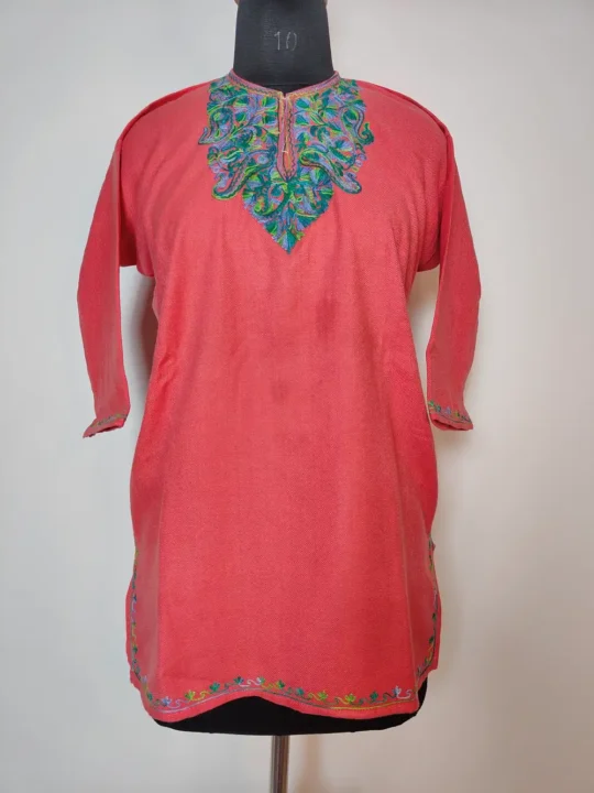 Pink Nigeen Cashmilon Wool Girls Pheran with Aari Work