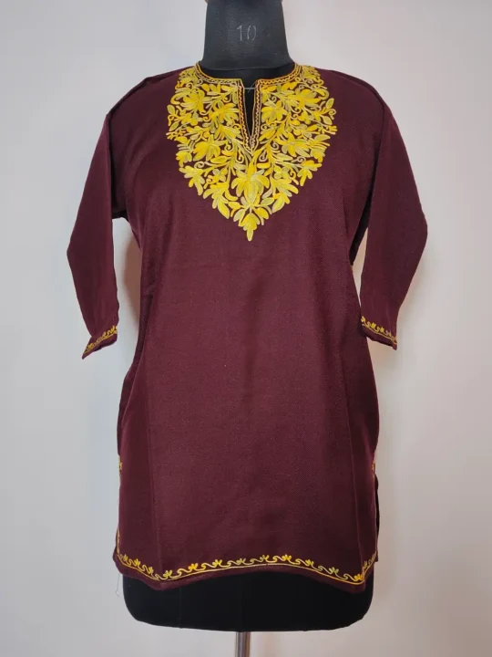 Girls Wine Cashmilon Wool Wine Pheran with Aari Work