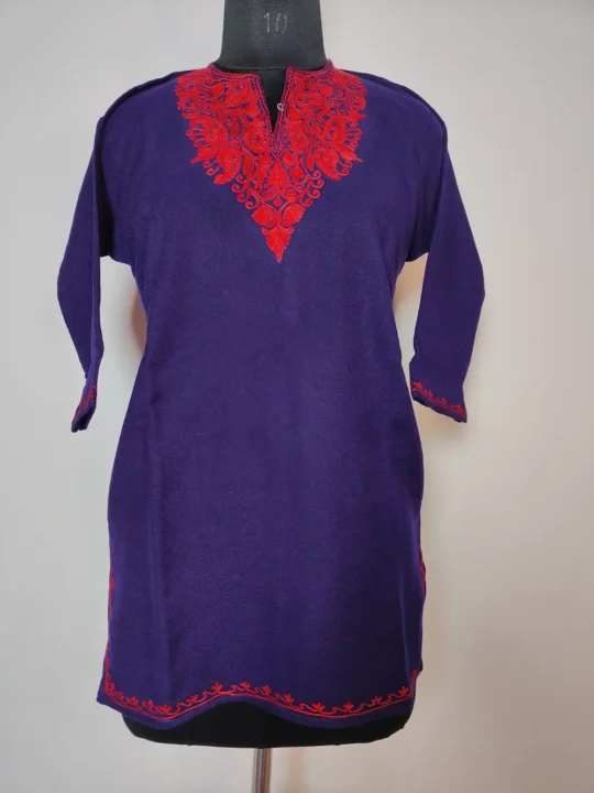 Girls Cashmilon Wool Firoz dark Blue Pheran with Aari Work