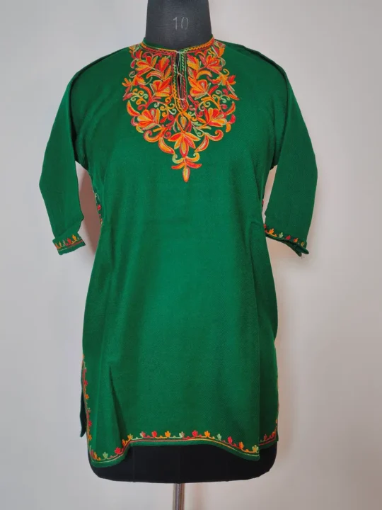 Dark Green Cashmilon Wool Rukhsar Pheran with Aari Work for Girls