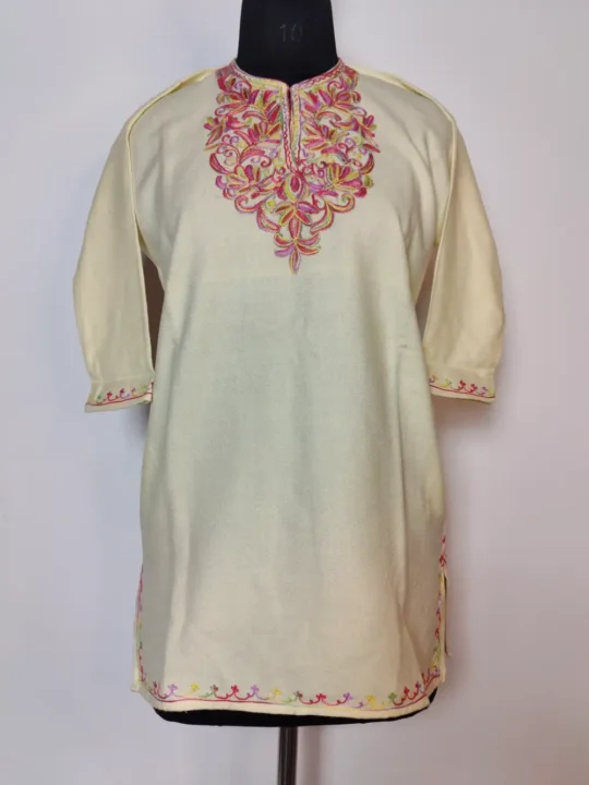 Girls Cream Cashmilon Wool Aleenah Pheran with Aari Work (7-8years)